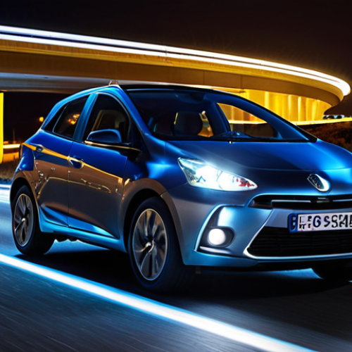 Home 4 **
A sleek, modern hybrid car driving at night on a well-lit highway outside of Madrid. The car features distinctive, bright LED matrix headlights that dynamically adjust to the traffic. Focus should be on the futuristic and intelligent lighting system, emphasizing safety and visibility. Include elements of modern Spanish architecture subtly in the background.
**