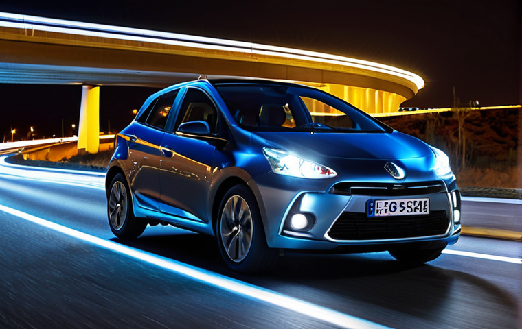 **
A sleek, modern hybrid car driving at night on a well-lit highway outside of Madrid. The car features distinctive, bright LED matrix headlights that dynamically adjust to the traffic. Focus should be on the futuristic and intelligent lighting system, emphasizing safety and visibility. Include elements of modern Spanish architecture subtly in the background.
**